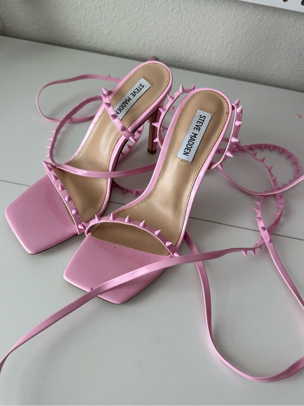 Steve Madden Uplift Pink Spiked Lace Up Stiletto Sandals Square Toe Heels 8M - Picture 2 of 4